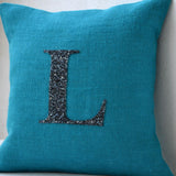 Customized Monogram In Spakeling Black Beads Sequin On Turquoise Blue Burlap Decorative Throw Pillow Cover