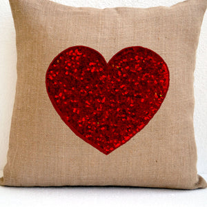 Gift Of Love Burlap Sequin Red Heart Pillow Cover For Valentine To Celebrate Togetherness