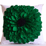 Handcrafted White Pillow Cover With Big Green Felt Flower