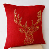 Deer Pillow covers -Animal pillow stag embroidered in gold sequin