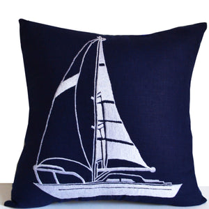 Decorative Pillow Nautical Vibe Yacht Motif  In Navy Blue Linen