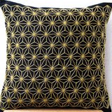 Gold Hemp Leaf Embroidery Sashiko Pillow Case On Black Faux Silk Designer Cushion