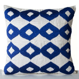 Decorative Throw Pillow -Royal Blue Embroider Pillows- White Silk Ikat Embroider Cushion