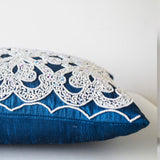 Decorative Throw Pillow In Blue Silk White Sequin Embroidery Accent Pillow Gift