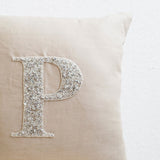 Customized Silver Sequin Monogram Pillow Cover On Beige Gray Linen