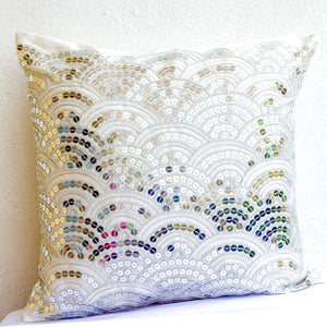 Exquisitely Embroidered Ivory Throw Pillow Cover with Silver Sashiko Pattern