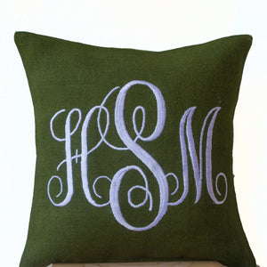 Green Burlap Monogram Pillows -Custom Monogram Pillow- Cursive Three Letters Monogram Pillows- Initial Cushion- Gift- Wedding Pillow-16x16