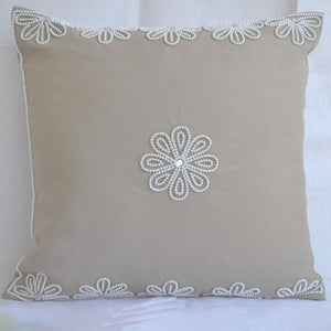 Decorative Pillow Cover In Linen With Pearl Crystal Flower Embroidery