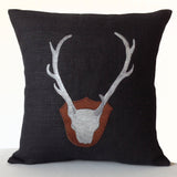 Deer Pillow Cover, Deer Antler Pillow In Black Burlap With Exquisitely Embroidered Deer Cushion