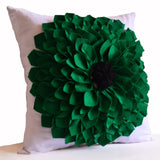 Green Blossom Felt Flower Decorative Throw Pillow Cover Handcrafted Dahlia Cushion Floral Decor