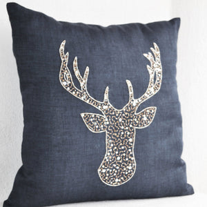 Deer Pillows -Stag embroidered gold silver sequin - Linen pillow covers -Charcoal Grey pillows -Grey pillows- Christmas pillows 16x16- Gift