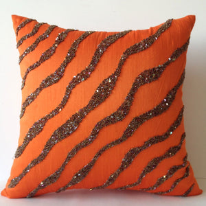 Decorative Throw Pillows -Orange Brown Sea waves in silk sequin bead cushion-16X16 Orange pillow -Bedding -Pillow cover -gift pillow -Autumn