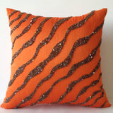 Decorative Throw Pillows -Orange Brown Sea waves in silk sequin bead cushion-16X16 Orange pillow -Bedding -Pillow cover -gift pillow -Autumn