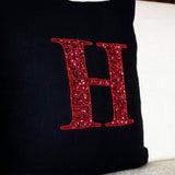 Customized Red Sequin Monogram Decorative Pillow Case in Black Linen