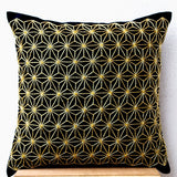 Gold Hemp Leaf Embroidery Sashiko Pillow Case On Black Faux Silk Designer Cushion