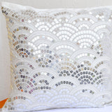 Exquisitely Embroidered Ivory Throw Pillow Cover with Silver Sashiko Pattern