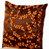 Brown Accent Pillows Orange Bead Sequin Detailed Leaves Cushion