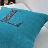 Customized Monogram In Spakeling Black Beads Sequin On Turquoise Blue Burlap Decorative Throw Pillow Cover