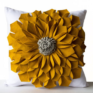 Dorm Pillow, Felt Flower Pillow Cover, Mustard Gray White Pillow Case