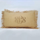 Burlap Monogram Pillow Cover With Fringes