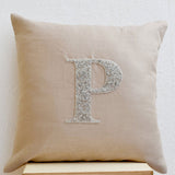 Customized Silver Sequin Monogram Pillow Cover On Beige Gray Linen