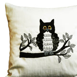 Decorative throw pillows with Owl embroidery- Ivory silk owl pillow - Animal pillow - Sequin cushion -16x16 pillows -  black white pillow