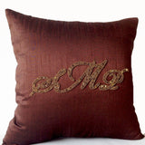 Custom Monogrammed Throw Pillow Cover in Brown with Luxurious Custom Embroidery Sequin Monogrammed Decorative Pillows