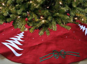 Handcrafted Customizable Christmas Tree Skirt in Red Burlap