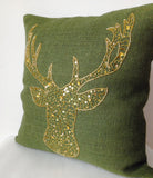 Green Burlap Gold Antler Pillow Cover