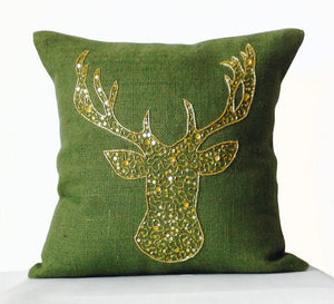 Green Burlap Gold Antler Pillow Cover