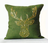 Green Burlap Gold Antler Pillow Cover